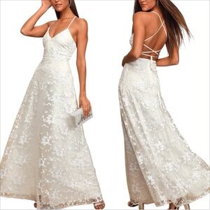 Lulus Magically Charming White Sequin Embroidered Lace-Up Maxi Dress
